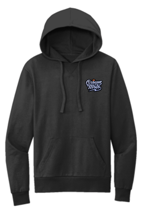 Crown Moto Script Logo patch sewn on left chest of premium french terry hooded sweatshirt