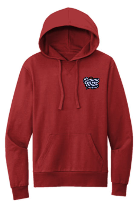 Crown Moto Script Logo patch sewn on left chest of premium french terry hooded sweatshirt