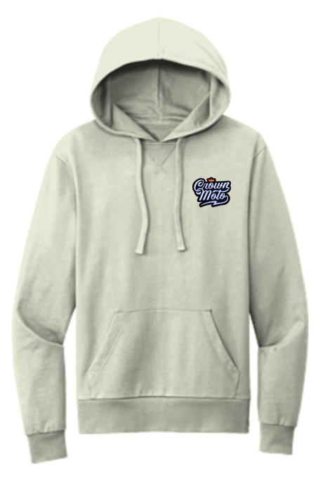 Crown Moto Script Logo patch sewn on left chest of premium french terry hooded sweatshirt